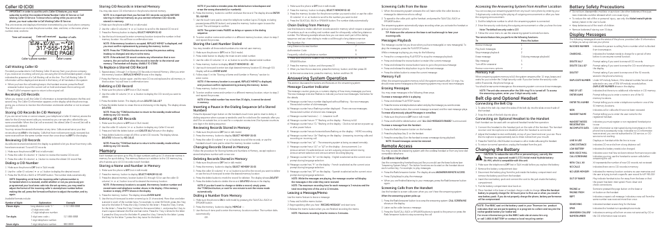 Answering system operation, Remote access, Belt clip and optional headset | Changing the battery, Battery safety precautions, Display messages, Caller id (cid), Call waiting caller id, Receiving cid records, Reviewing cid records | Technicolor - Thomson 28112 Series User Manual | Page 3 / 4