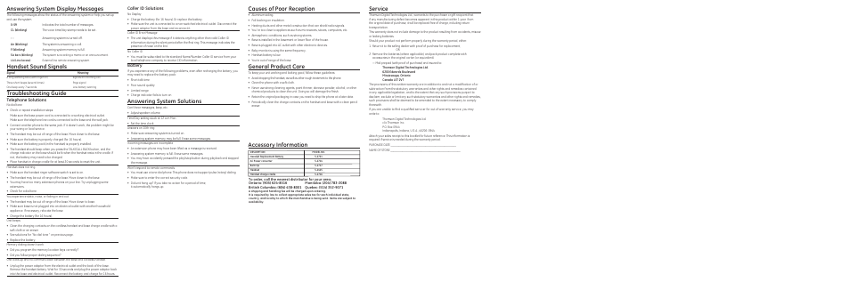 Answering system display messages, Handset sound signals, Troubleshooting guide | Answering system solutions, Accessory information, Causes of poor reception, General product care, Service, Telephone solutions, Caller id solutions | Technicolor - Thomson 28112 Series User Manual | Page 4 / 4