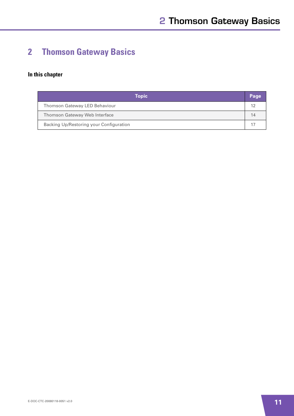 2 thomson gateway basics, In this chapter, Thomson gateway basics | 2thomson gateway basics 2 thomson gateway basics | Technicolor - Thomson TG787 User Manual | Page 17 / 88