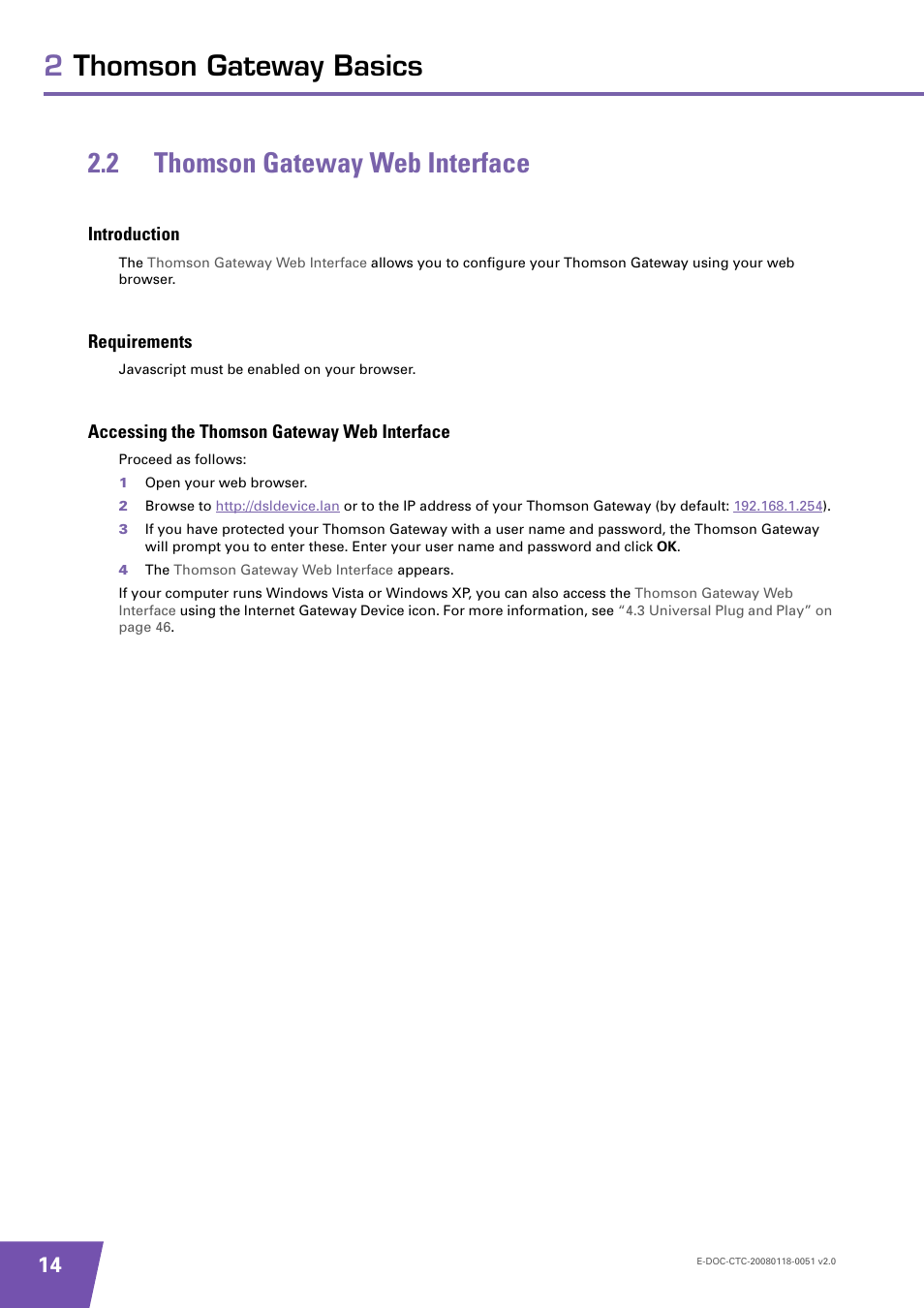 2 thomson gateway web interface, Introduction, Requirements | Accessing the thomson gateway web interface, Thomson gateway web interface, To go to the, Thomson gateway web, Interface, On the | Technicolor - Thomson TG787 User Manual | Page 20 / 88