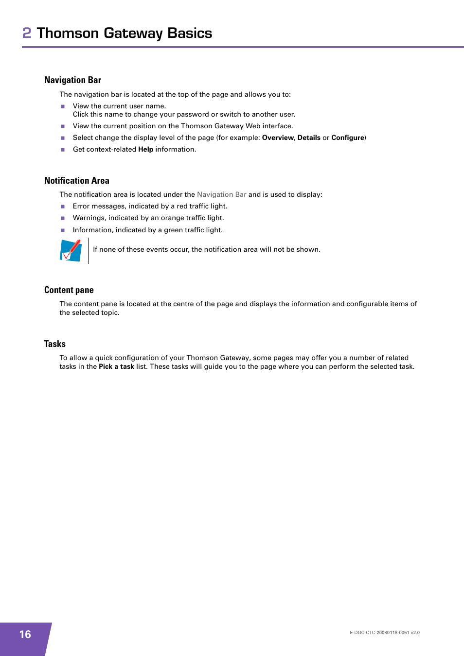 Navigation bar, Notification area, Content pane | Tasks, 2thomson gateway basics | Technicolor - Thomson TG787 User Manual | Page 22 / 88