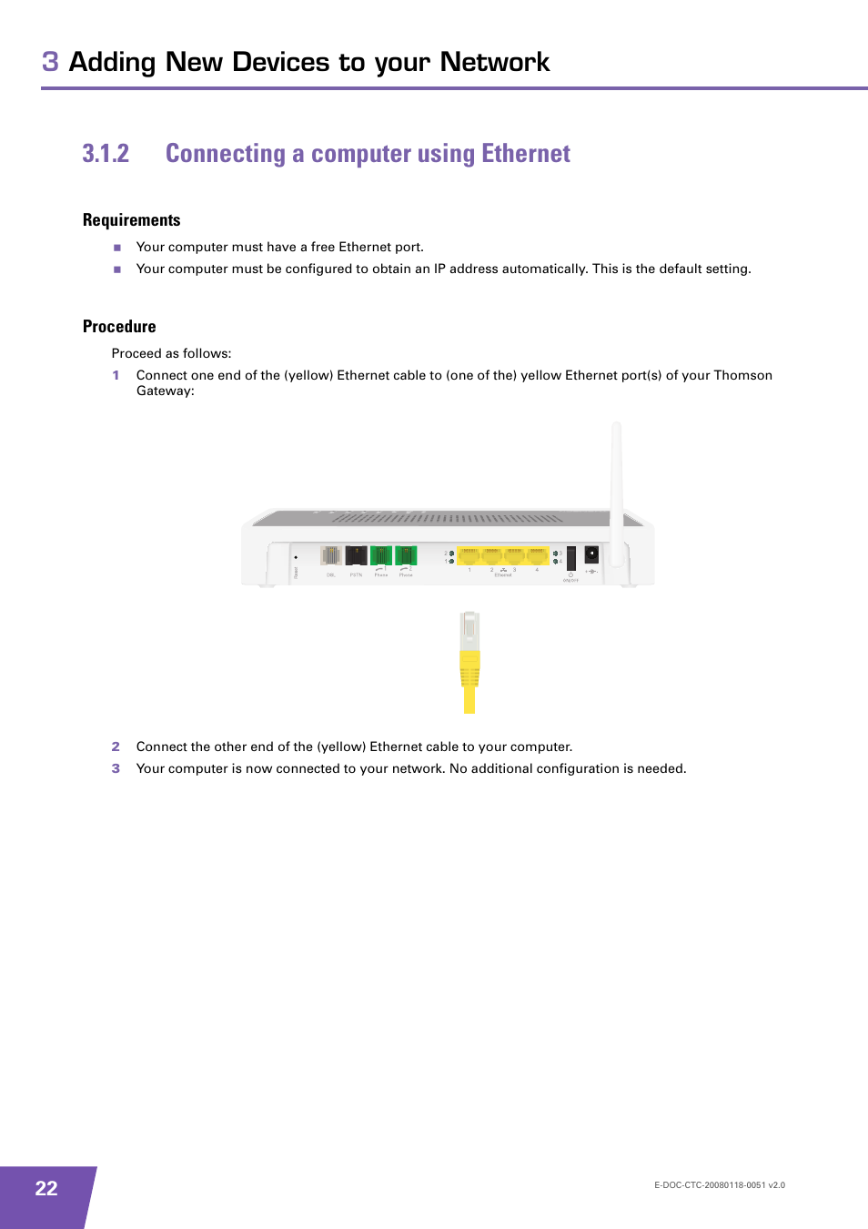 2 connecting a computer using ethernet, Requirements, Procedure | Connecting a computer using ethernet | Technicolor - Thomson TG787 User Manual | Page 28 / 88