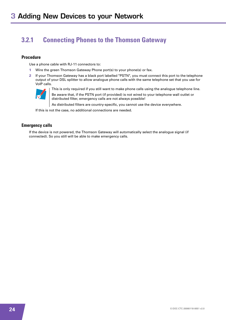 1 connecting phones to the thomson gateway, Procedure, Emergency calls | Connecting phones to the thomson gateway | Technicolor - Thomson TG787 User Manual | Page 30 / 88
