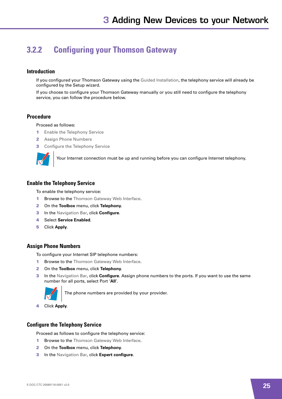 2 configuring your thomson gateway, Introduction, Procedure | Enable the telephony service, Assign phone numbers, Configure the telephony service, Configuring your thomson gateway | Technicolor - Thomson TG787 User Manual | Page 31 / 88