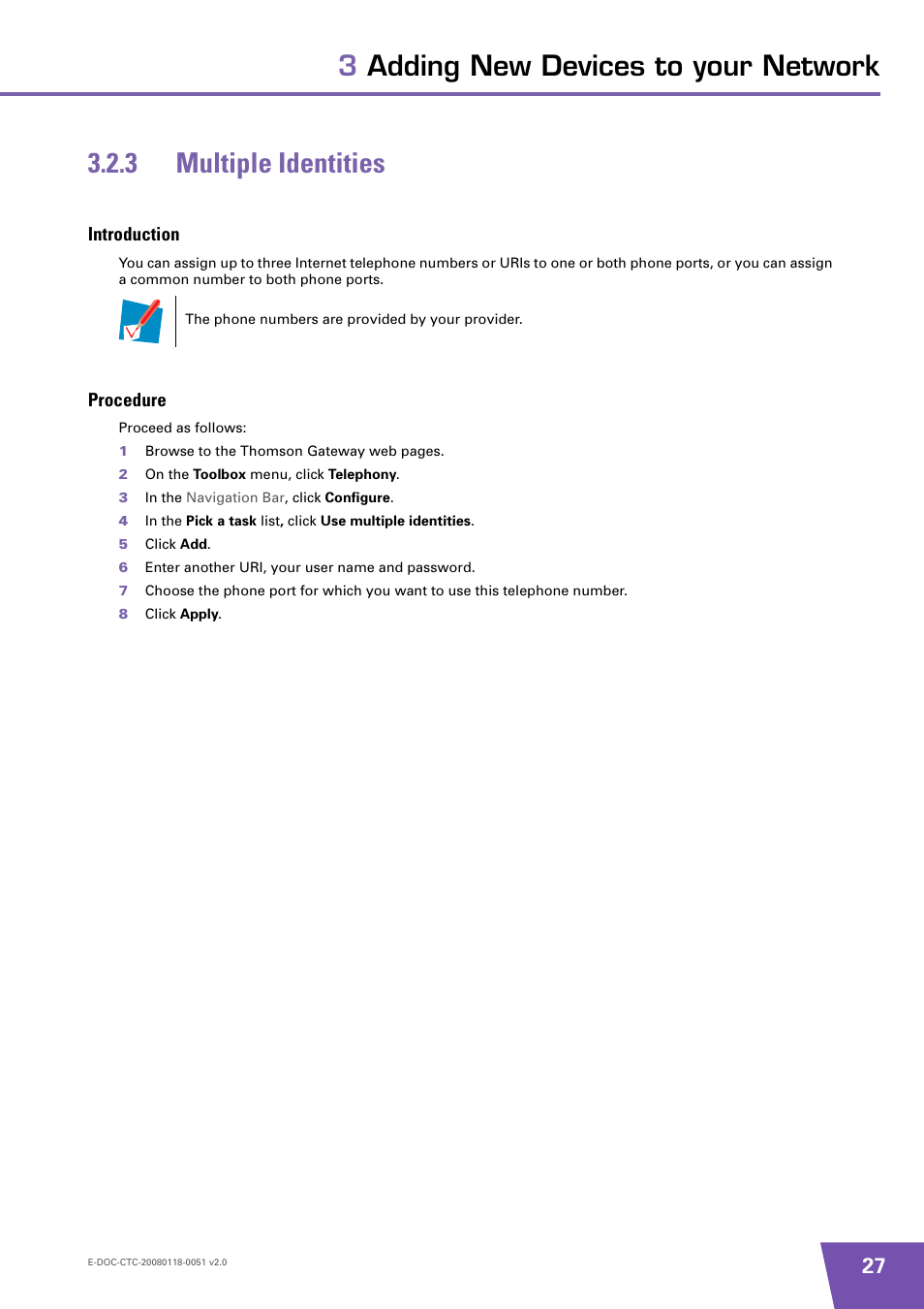 3 multiple identities, Introduction, Procedure | Multiple identities | Technicolor - Thomson TG787 User Manual | Page 33 / 88