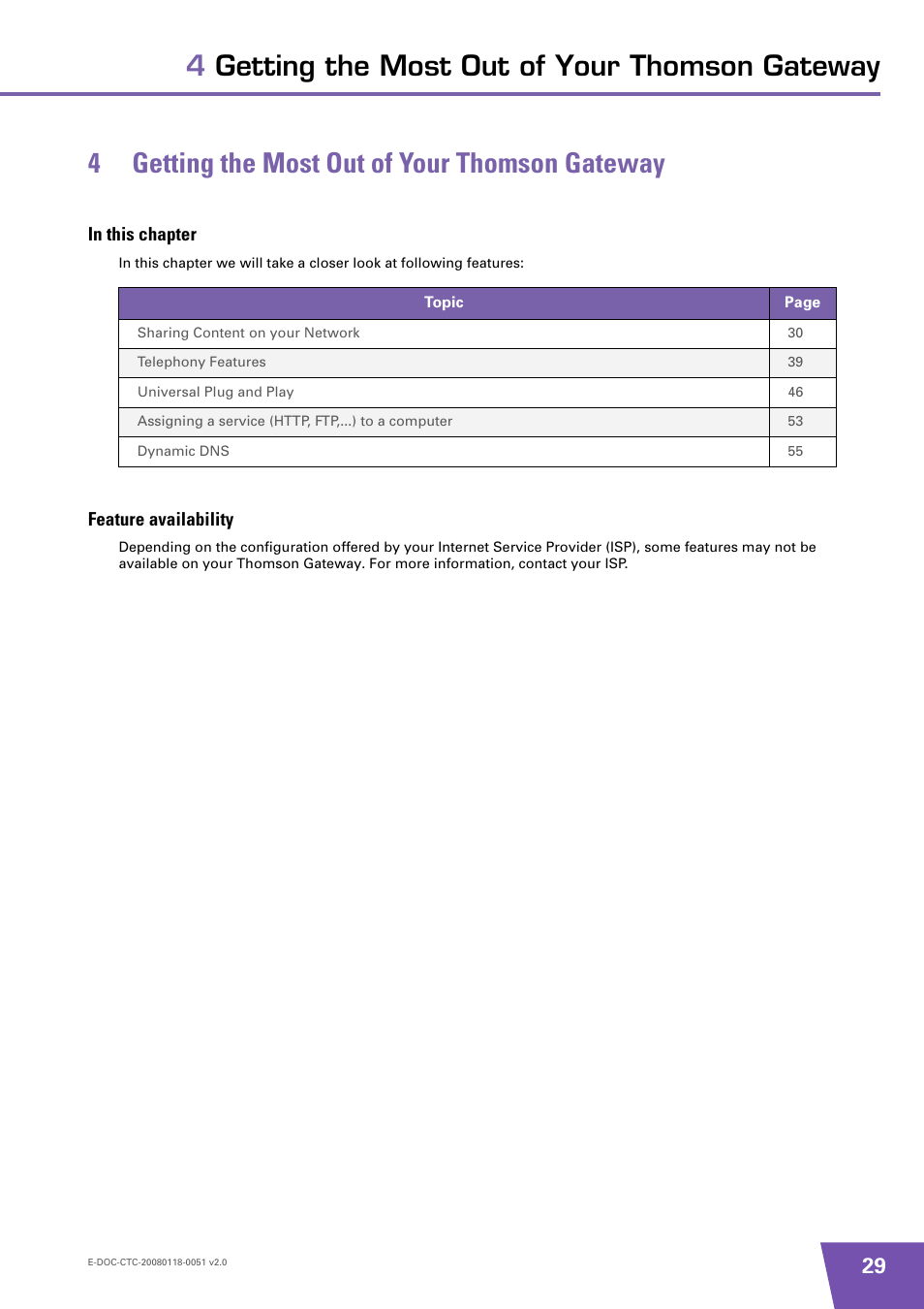 4 getting the most out of your thomson gateway, In this chapter, Feature availability | Getting the most out of your thomson gateway | Technicolor - Thomson TG787 User Manual | Page 35 / 88