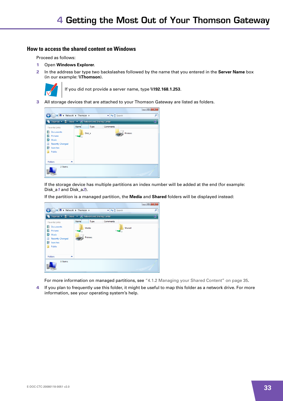 How to access the shared content on windows, With, 4getting the most out of your thomson gateway | Technicolor - Thomson TG787 User Manual | Page 39 / 88