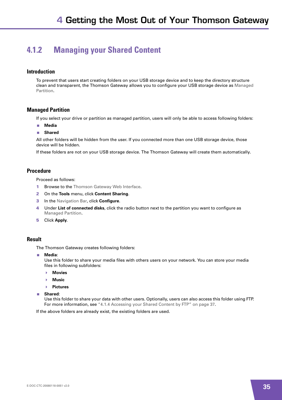 2 managing your shared content, Introduction, Managed partition | Procedure, Result, Managing your shared content, 2 managing your shared content” on | Technicolor - Thomson TG787 User Manual | Page 41 / 88