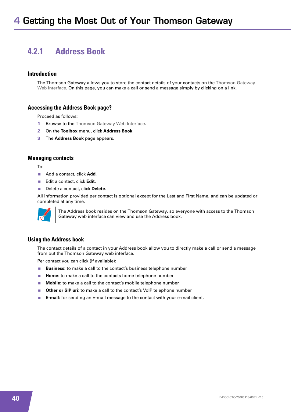1 address book, Introduction, Managing contacts | Using the address book, Address book, Accessing the address book page | Technicolor - Thomson TG787 User Manual | Page 46 / 88