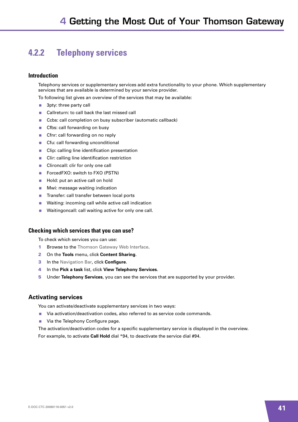 2 telephony services, Introduction, Checking which services that you can use | Activating services, Telephony services | Technicolor - Thomson TG787 User Manual | Page 47 / 88
