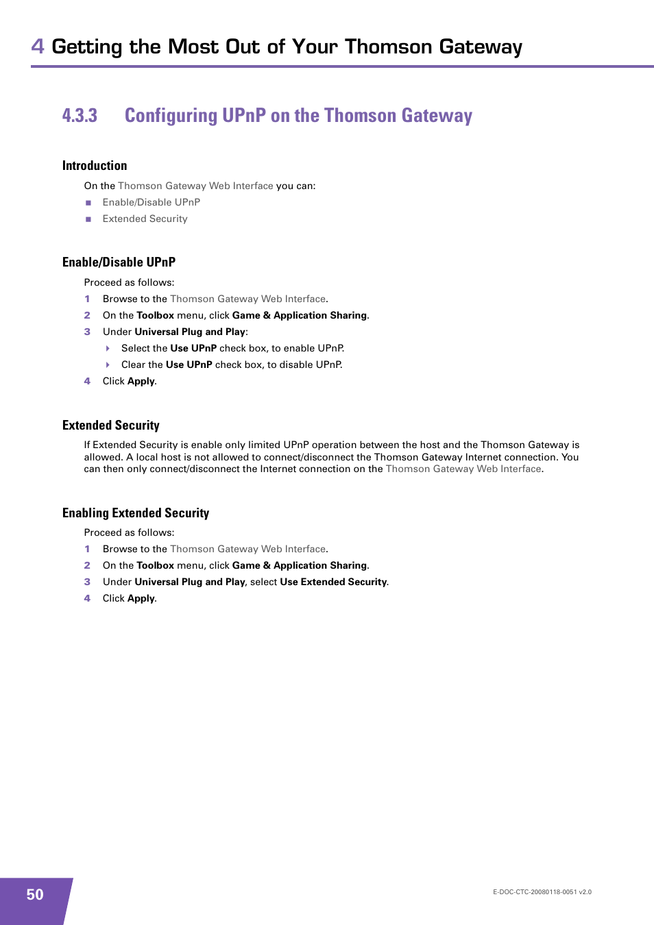 3 configuring upnp on the thomson gateway, Introduction, Enable/disable upnp | Extended security, Enabling extended security, Configuring upnp on the thomson gateway | Technicolor - Thomson TG787 User Manual | Page 56 / 88
