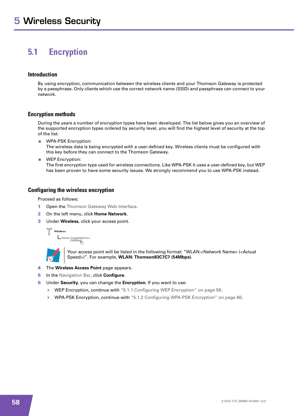 1 encryption, Introduction, Encryption methods | Configuring the wireless encryption, Encryption, 5wireless security 5.1 encryption | Technicolor - Thomson TG787 User Manual | Page 64 / 88