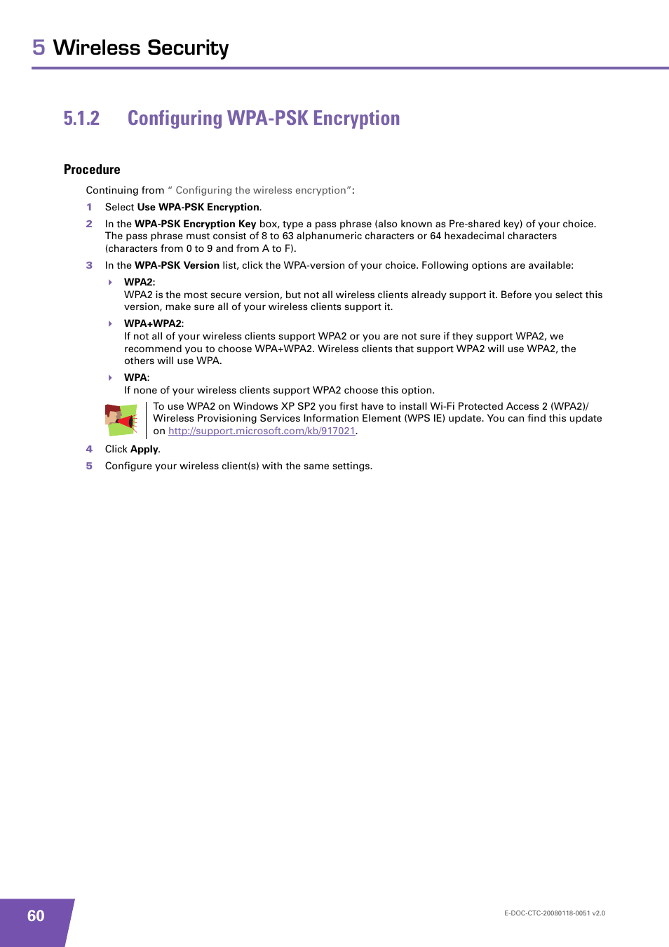 2 configuring wpa-psk encryption, Procedure, Configuring wpa-psk encryption | Technicolor - Thomson TG787 User Manual | Page 66 / 88