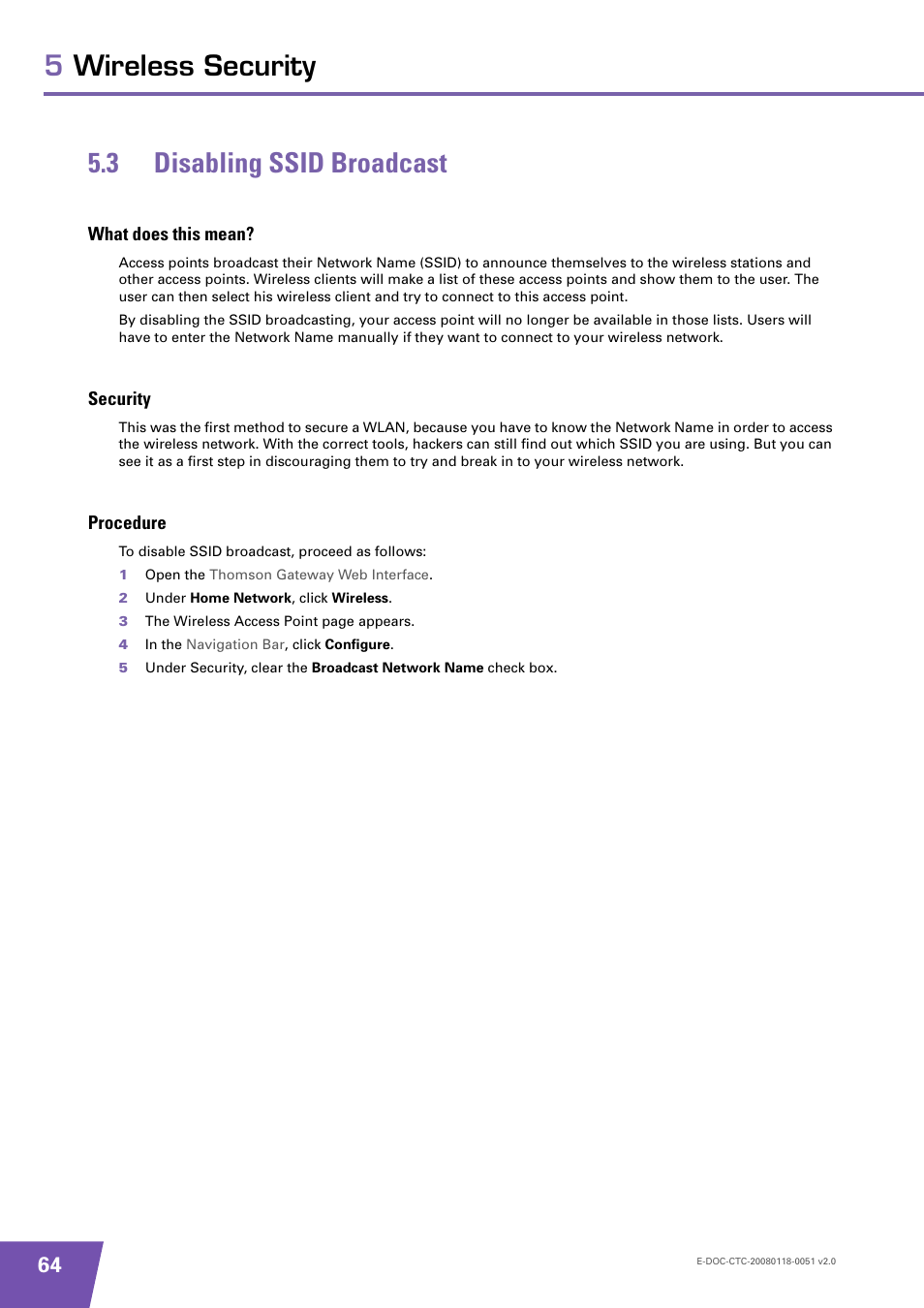 3 disabling ssid broadcast, What does this mean, Security | Procedure, Disabling ssid broadcast, 5wireless security 5.3 disabling ssid broadcast | Technicolor - Thomson TG787 User Manual | Page 70 / 88