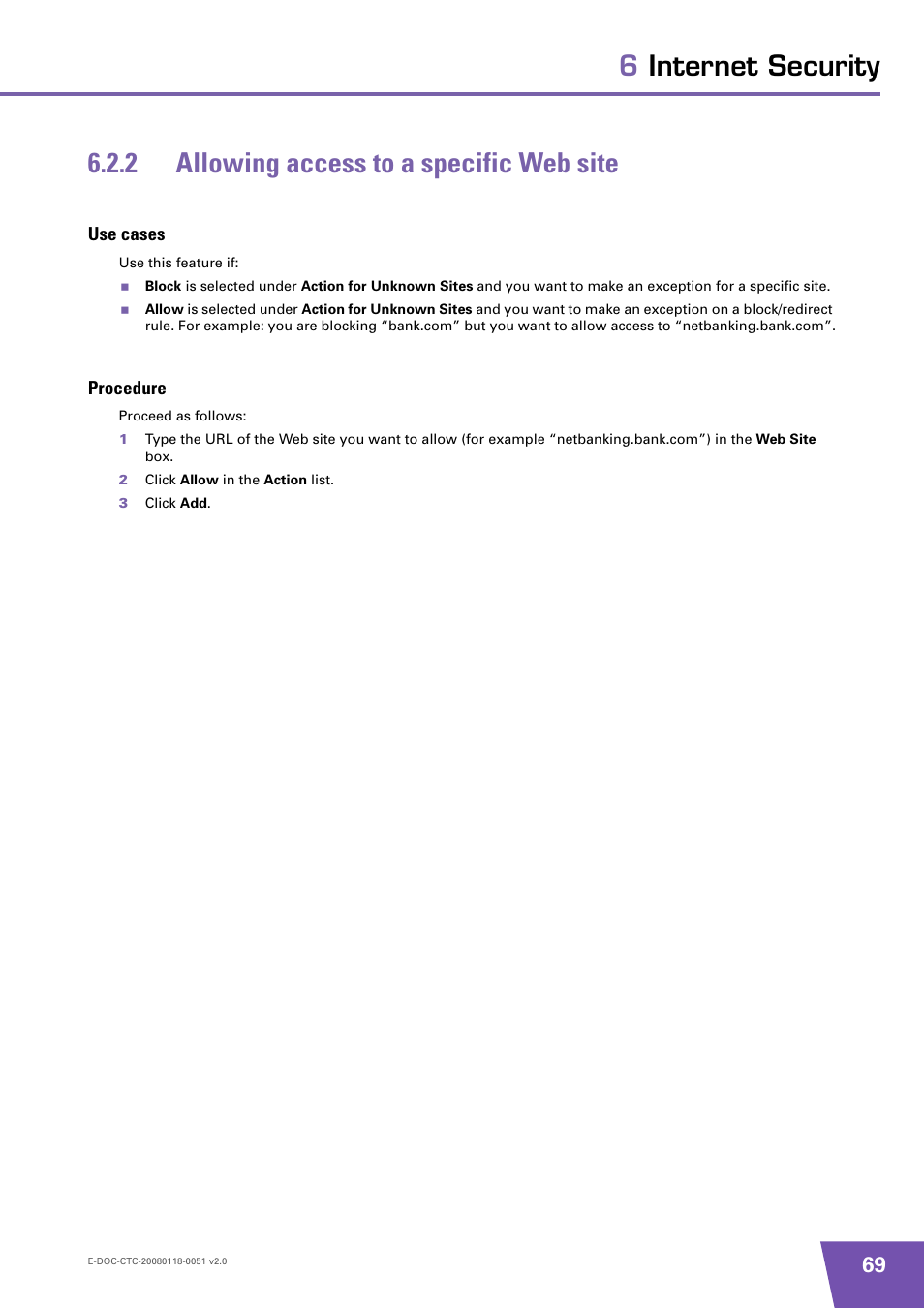 2 allowing access to a specific web site, Use cases, Procedure | Allowing access to a specific web site | Technicolor - Thomson TG787 User Manual | Page 75 / 88
