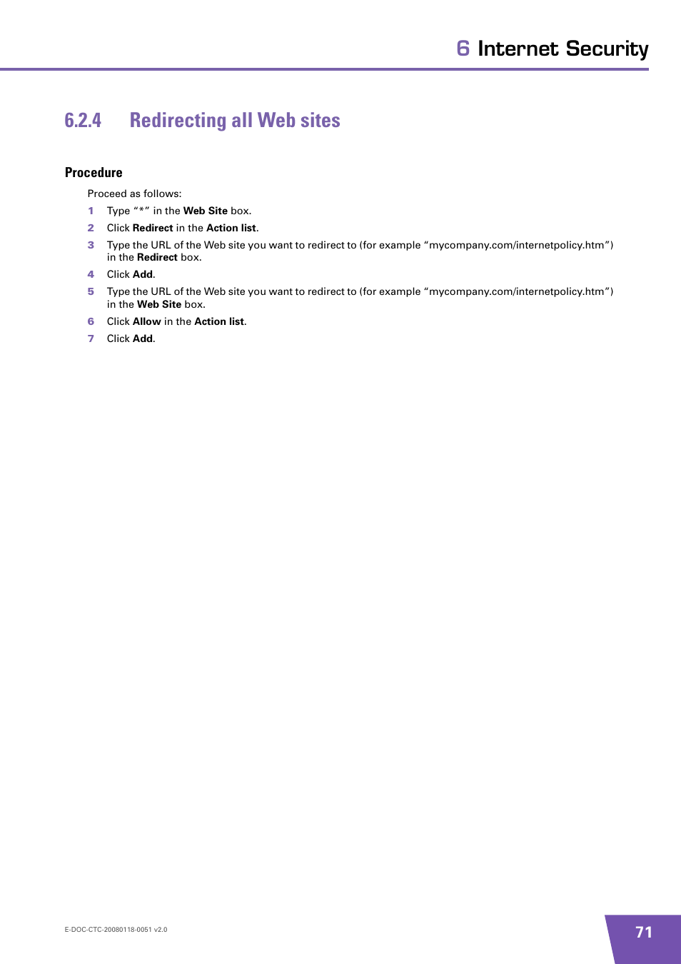 4 redirecting all web sites, Procedure, Redirecting all web sites | 6internet security 6.2.4 redirecting all web sites | Technicolor - Thomson TG787 User Manual | Page 77 / 88
