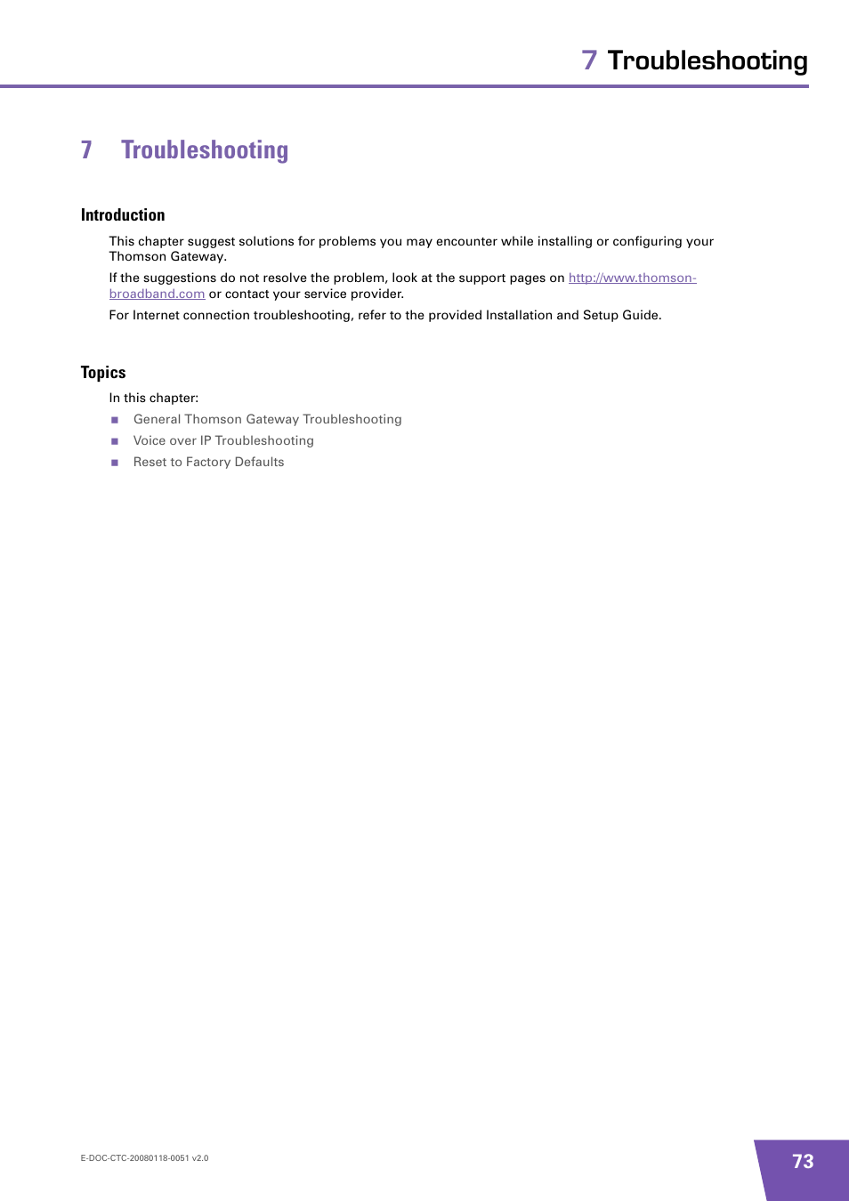 7 troubleshooting, Introduction, Topics | Troubleshooting, 7troubleshooting 7 troubleshooting | Technicolor - Thomson TG787 User Manual | Page 79 / 88