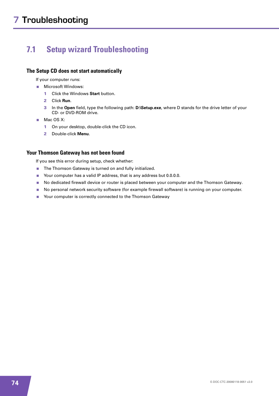 1 setup wizard troubleshooting, The setup cd does not start automatically, Your thomson gateway has not been found | Setup wizard troubleshooting, 1 setup wizard troubleshooting” on, 7troubleshooting 7.1 setup wizard troubleshooting | Technicolor - Thomson TG787 User Manual | Page 80 / 88