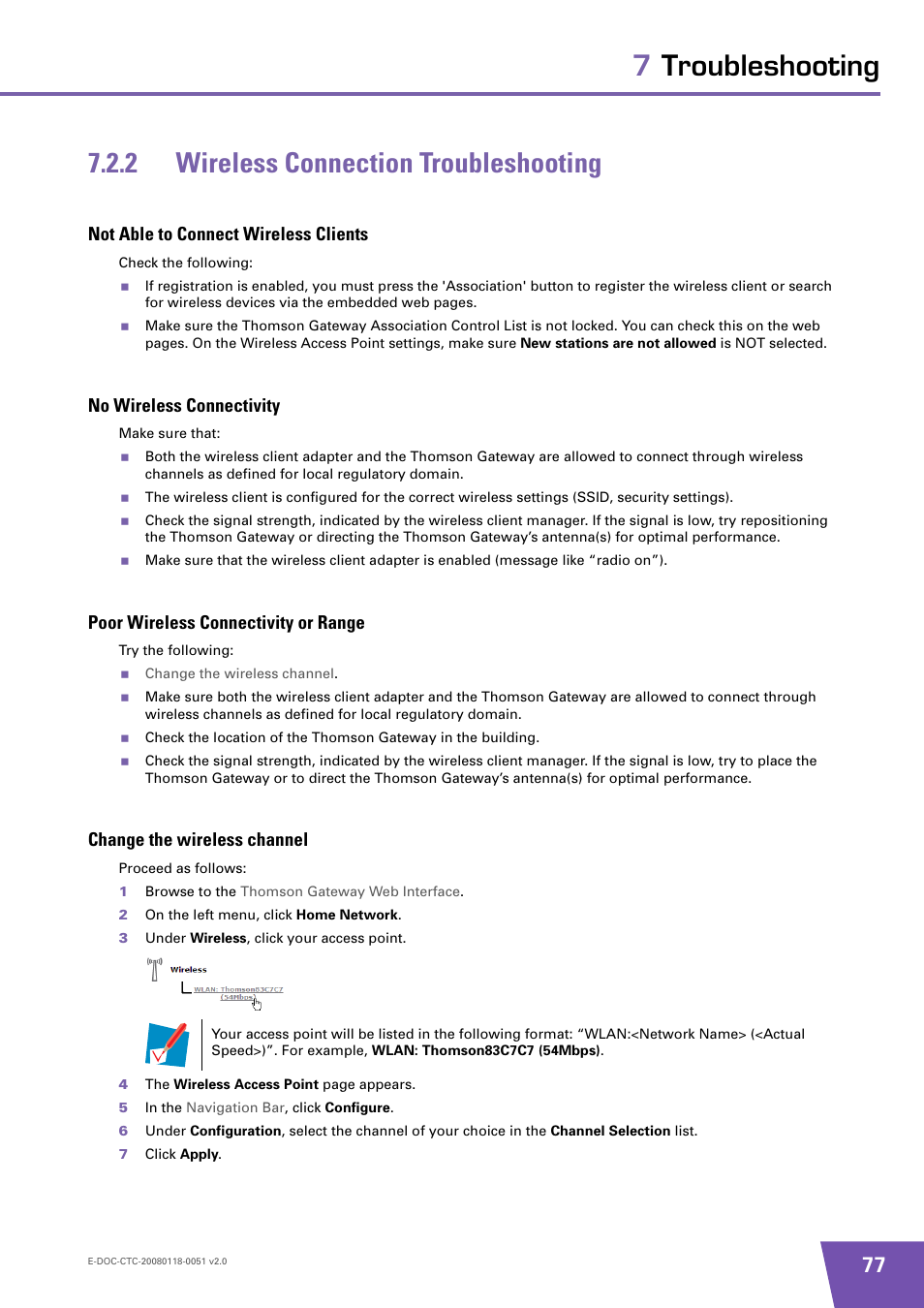 2 wireless connection troubleshooting, Not able to connect wireless clients, No wireless connectivity | Poor wireless connectivity or range, Change the wireless channel, Wireless connection troubleshooting | Technicolor - Thomson TG787 User Manual | Page 83 / 88