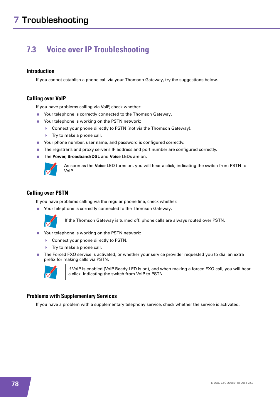 3 voice over ip troubleshooting, Introduction, Calling over voip | Calling over pstn, Problems with supplementary services, Voice over ip troubleshooting, 7troubleshooting 7.3 voice over ip troubleshooting | Technicolor - Thomson TG787 User Manual | Page 84 / 88