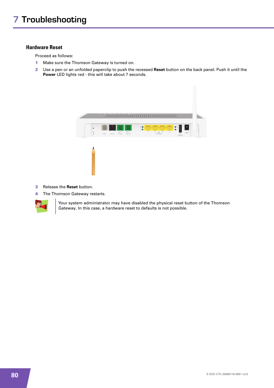 Hardware reset, 7troubleshooting | Technicolor - Thomson TG787 User Manual | Page 86 / 88