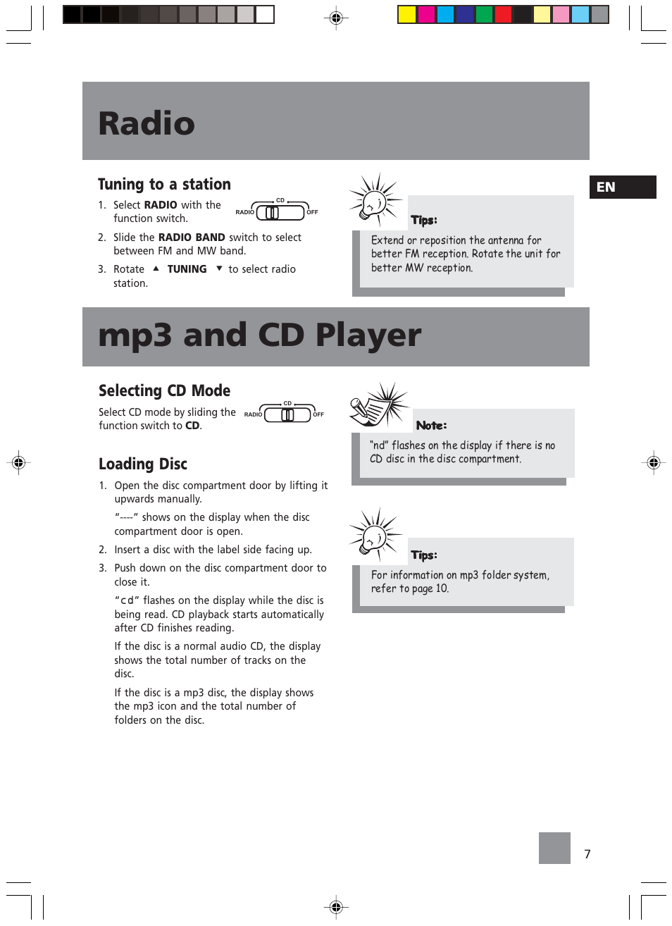 Radio mp3 and cd player, Tuning to a station, Selecting cd mode | Loading disc | Technicolor - Thomson TM9235 EN User Manual | Page 10 / 15