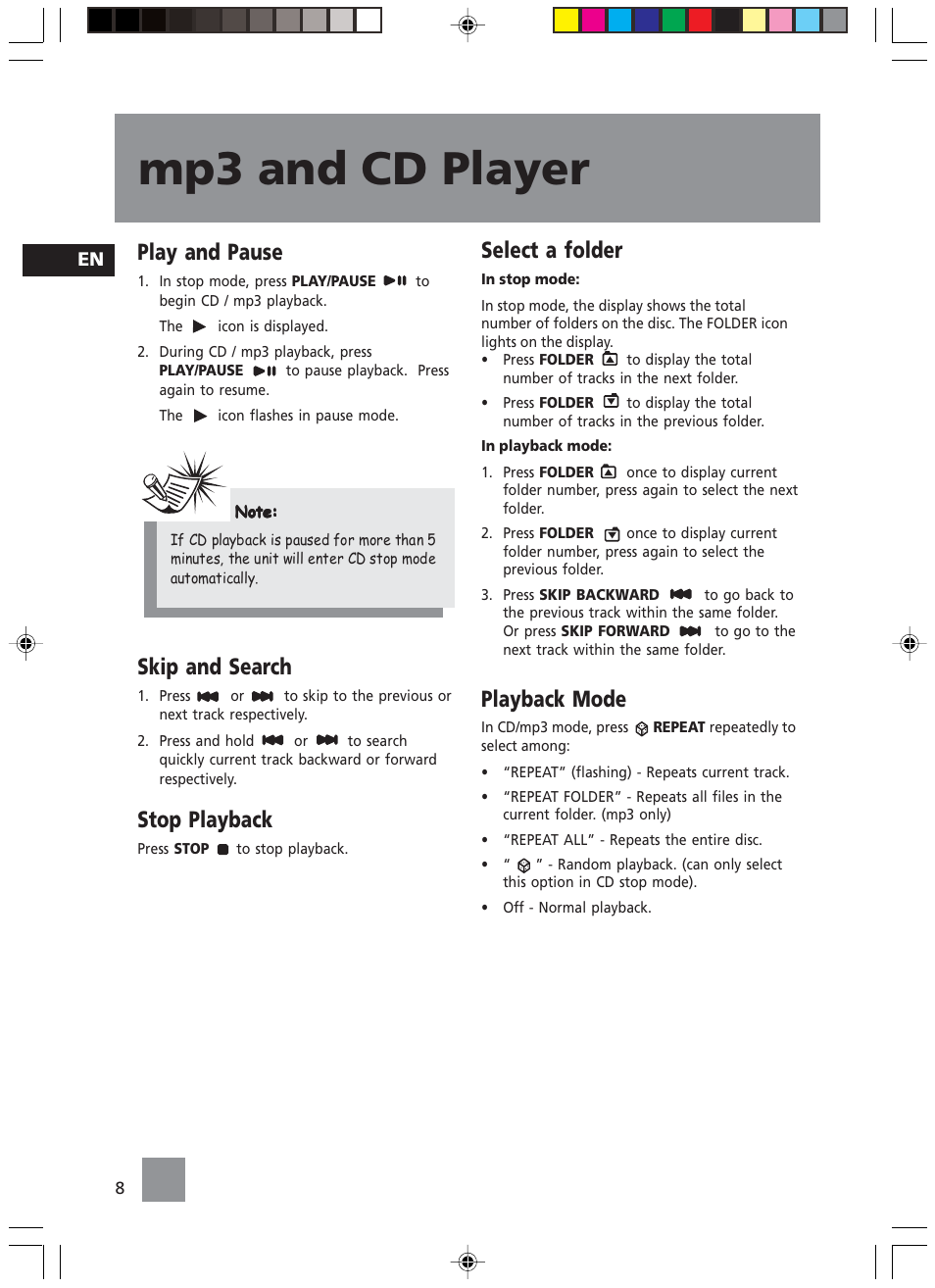 Mp3 and cd player, Play and pause, Skip and search | Stop playback, Select a folder, Playback mode | Technicolor - Thomson TM9235 EN User Manual | Page 11 / 15