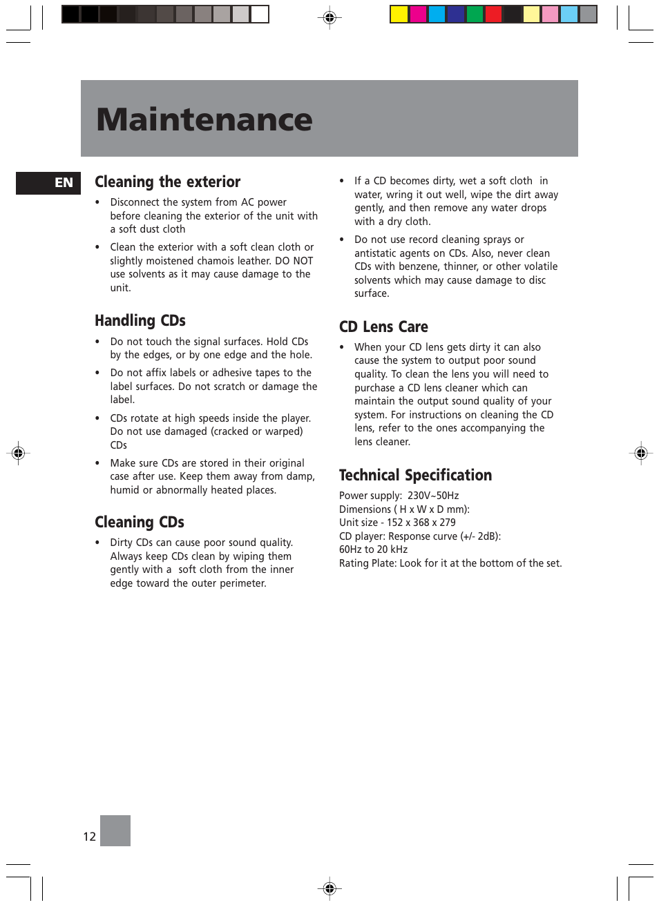 Maintenance, Cleaning the exterior, Handling cds | Cleaning cds, Cd lens care, Technical specification | Technicolor - Thomson TM9235 EN User Manual | Page 15 / 15