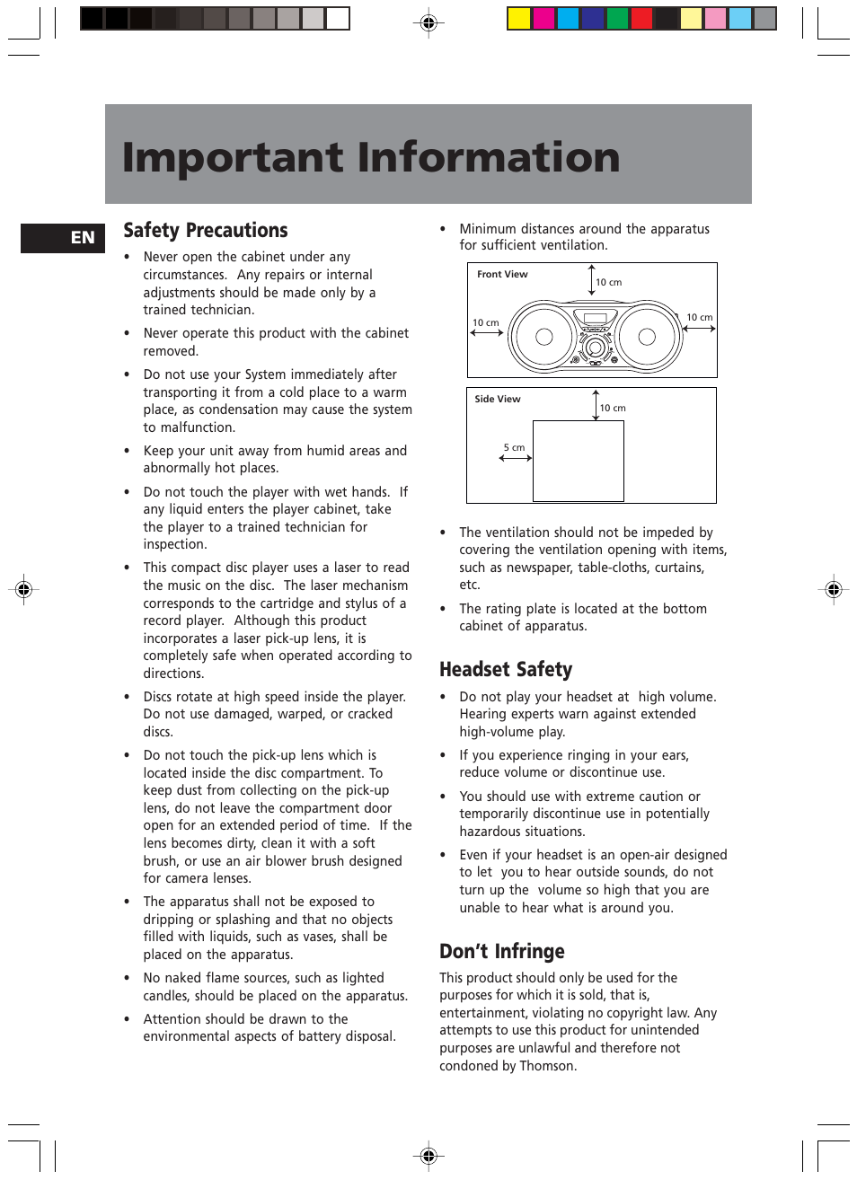 Important information, Safety precautions, Headset safety | Don’t infringe | Technicolor - Thomson TM9235 EN User Manual | Page 3 / 15