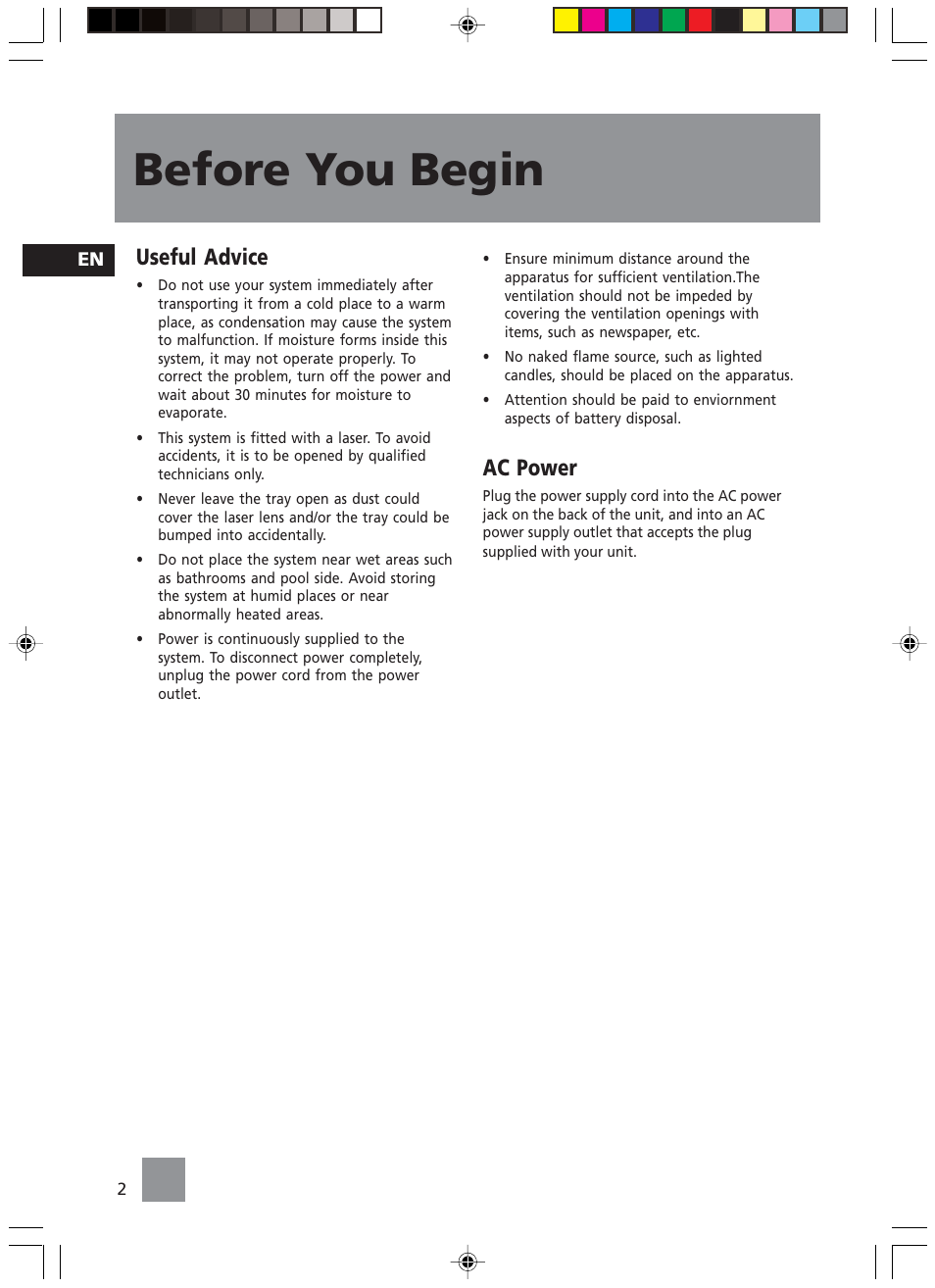 Before you begin, Useful advice, Ac power | Technicolor - Thomson TM9235 EN User Manual | Page 5 / 15