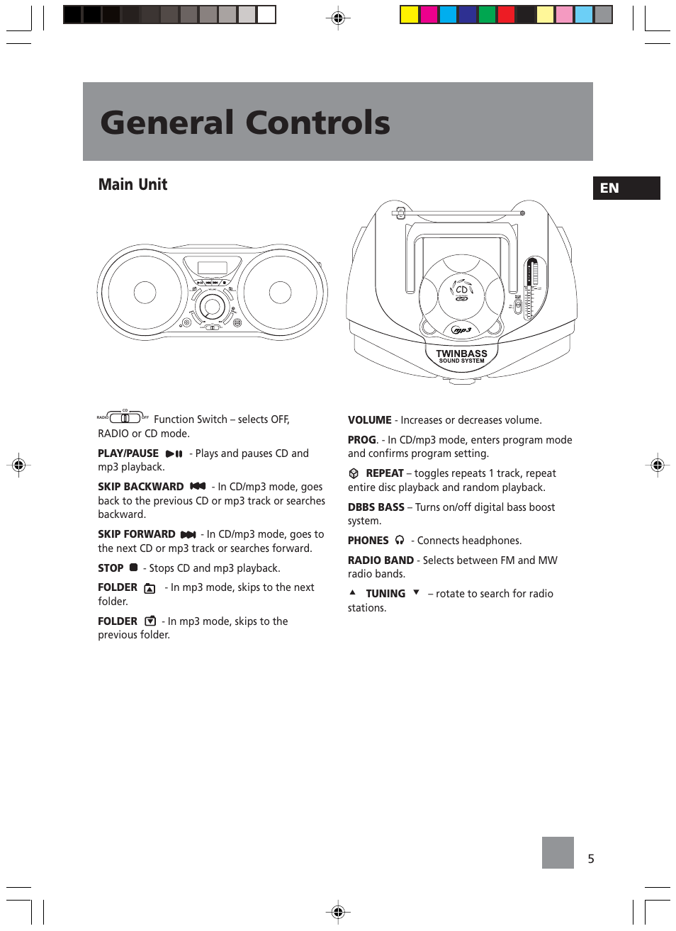 General controls, Main unit | Technicolor - Thomson TM9235 EN User Manual | Page 8 / 15