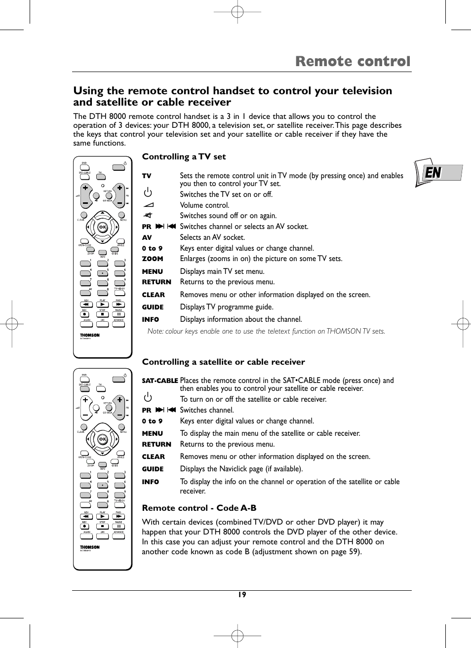 Remote control | Technicolor - Thomson DTH8000 User Manual | Page 19 / 59