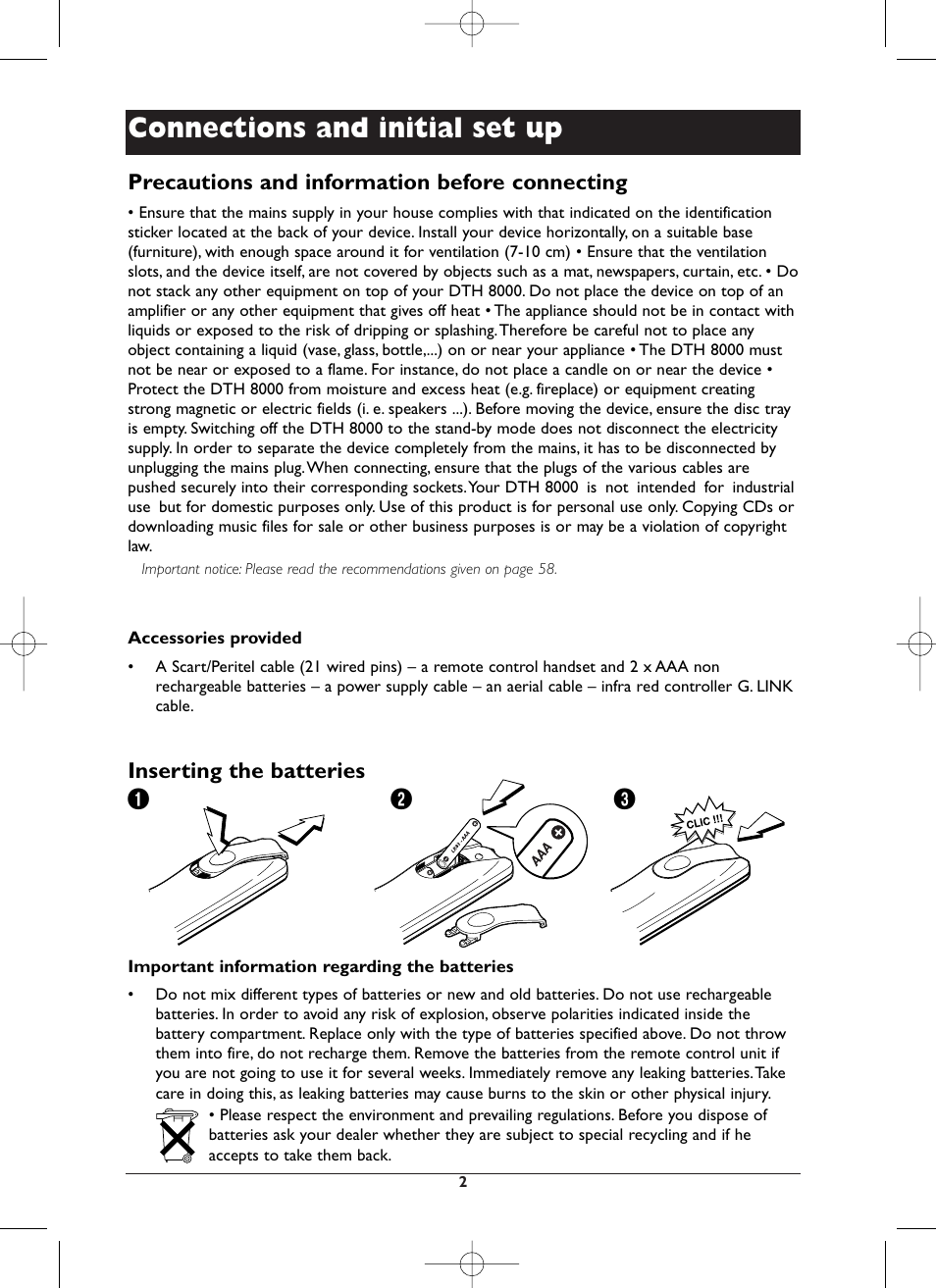 Connections and initial set up | Technicolor - Thomson DTH8000 User Manual | Page 2 / 59