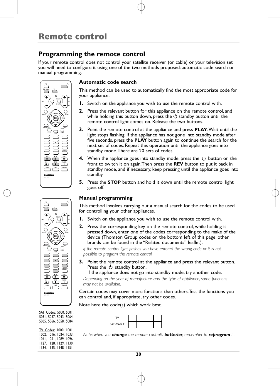 Remote control, Programming the remote control | Technicolor - Thomson DTH8000 User Manual | Page 20 / 59