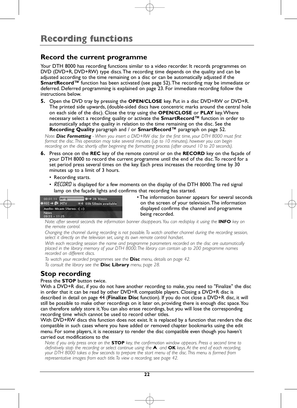 Recording functions, Record the current programme, Stop recording | Technicolor - Thomson DTH8000 User Manual | Page 22 / 59