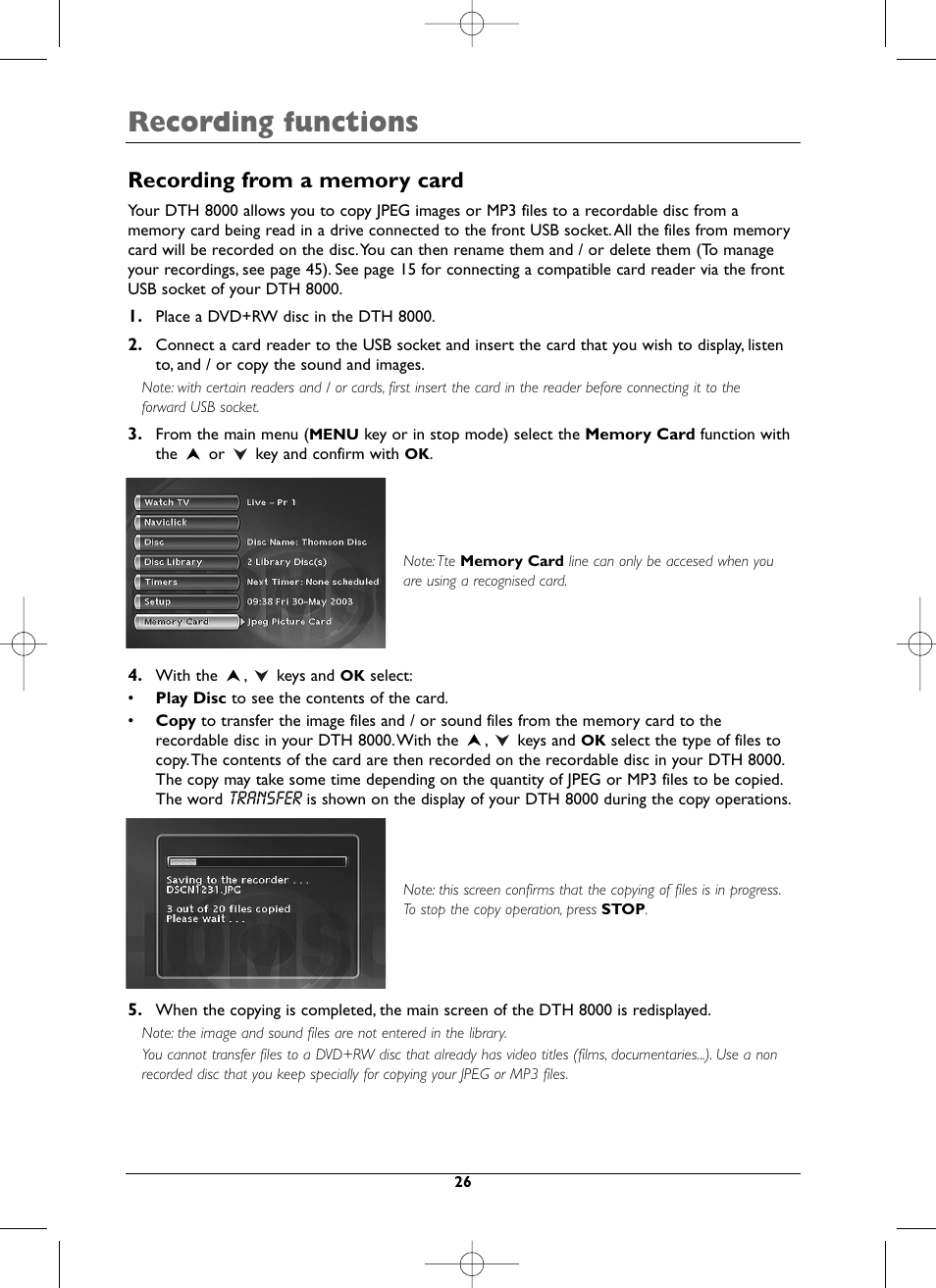 Recording functions | Technicolor - Thomson DTH8000 User Manual | Page 26 / 59