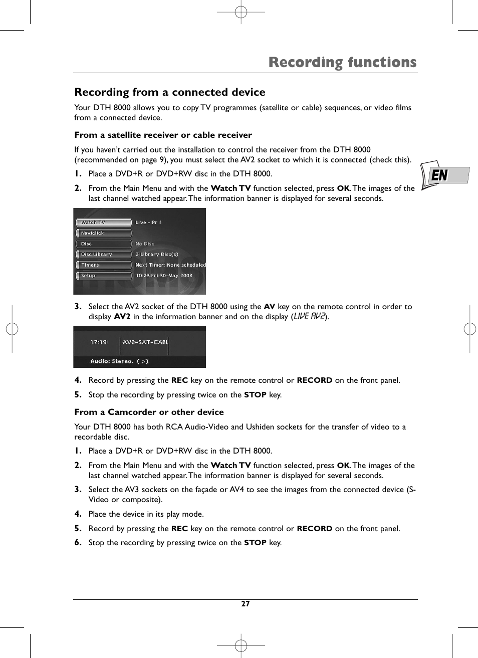 Recording functions, Recording from a connected device | Technicolor - Thomson DTH8000 User Manual | Page 27 / 59