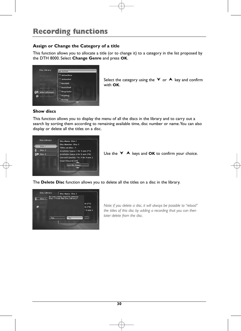 Recording functions | Technicolor - Thomson DTH8000 User Manual | Page 30 / 59