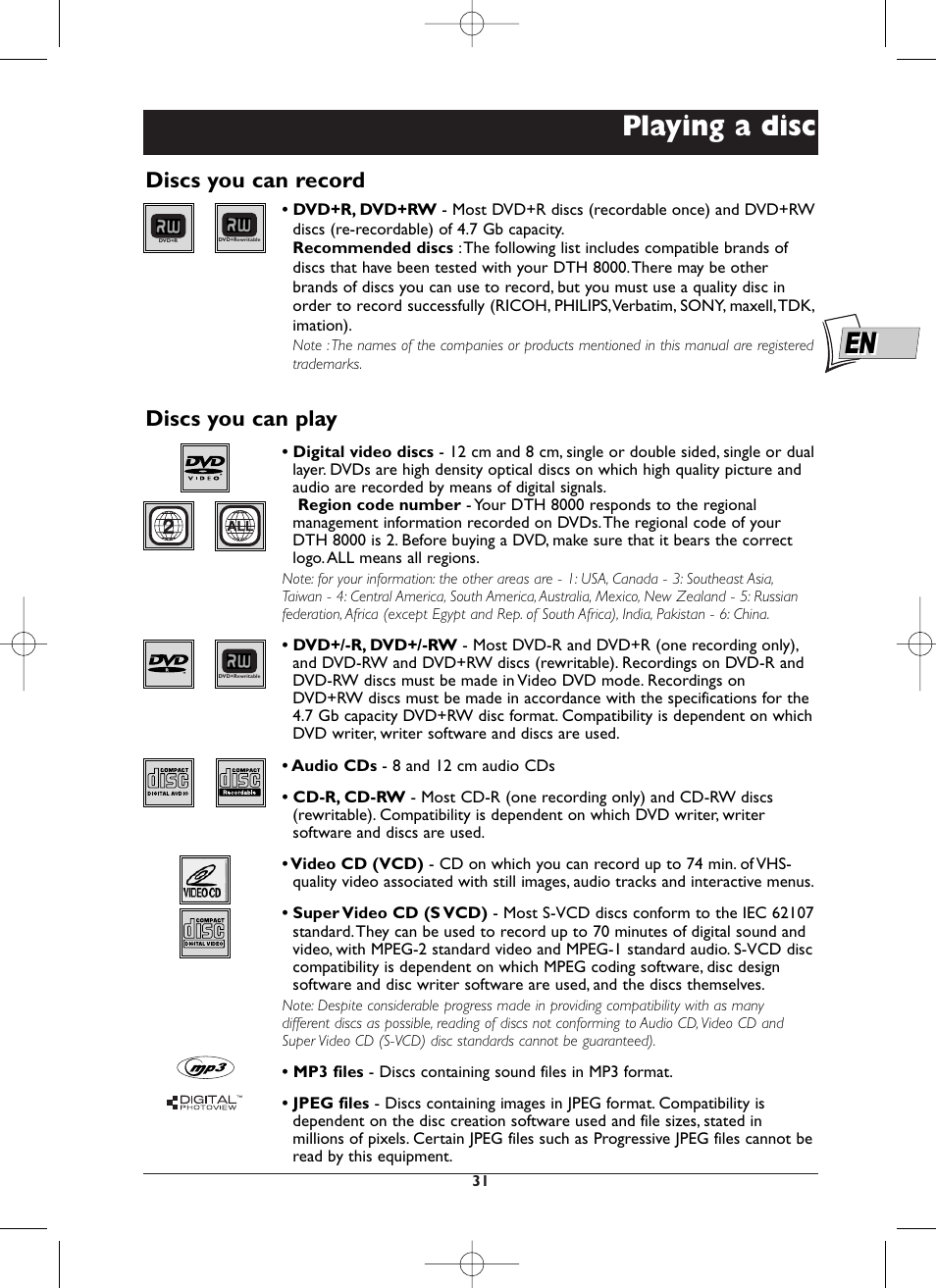 Playing a disc, Discs you can record, Discs you can play | Technicolor - Thomson DTH8000 User Manual | Page 31 / 59