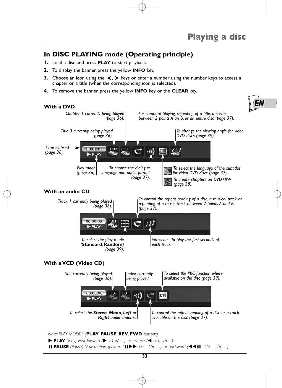 Playing a disc | Technicolor - Thomson DTH8000 User Manual | Page 33 / 59