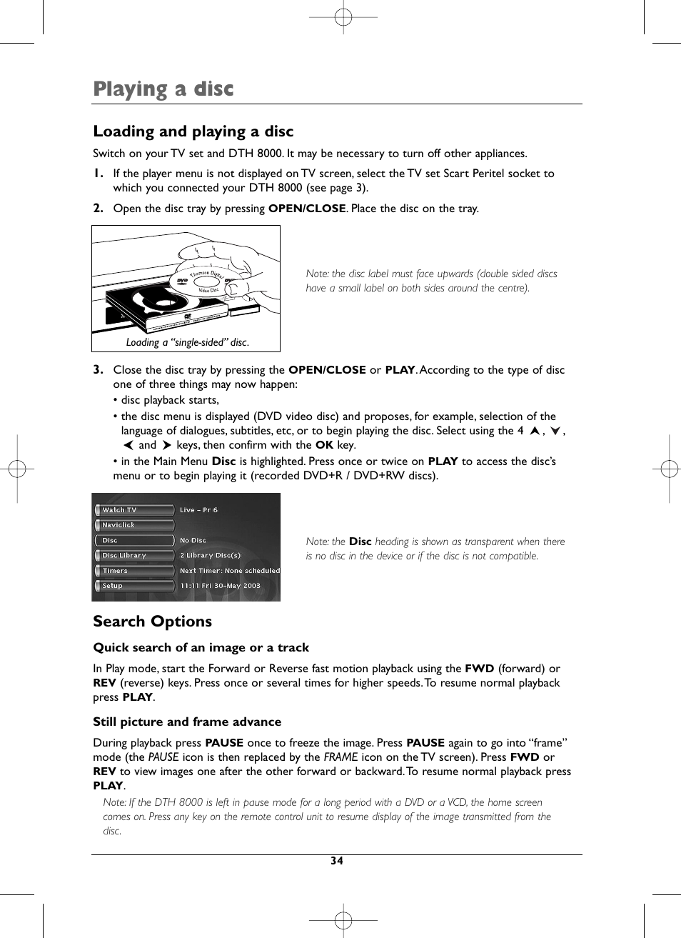Playing a disc, Loading and playing a disc, Search options | Technicolor - Thomson DTH8000 User Manual | Page 34 / 59