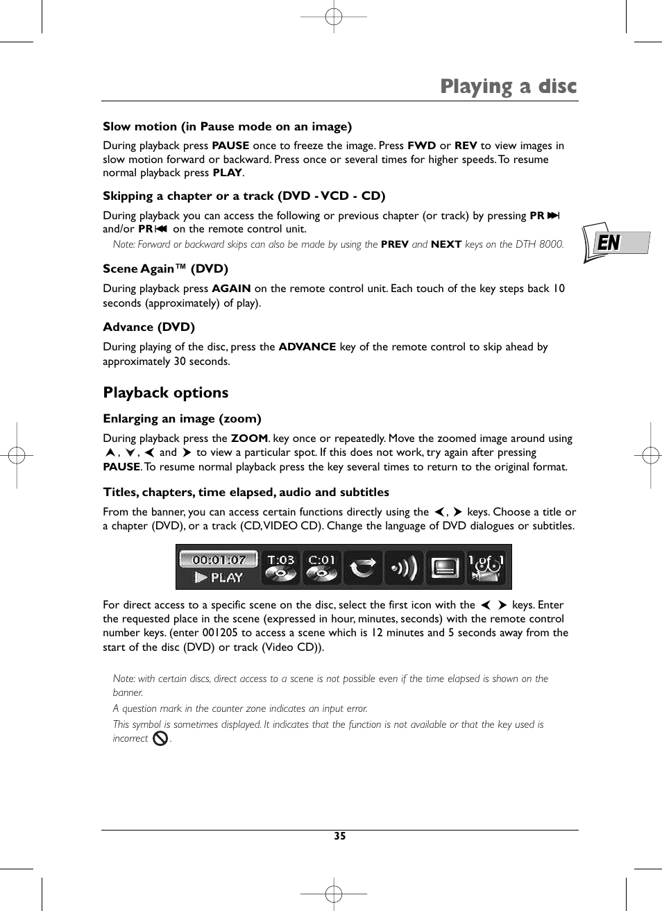 Playing a disc, Playback options | Technicolor - Thomson DTH8000 User Manual | Page 35 / 59