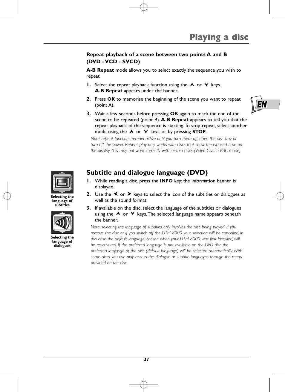 Playing a disc, Subtitle and dialogue language (dvd) | Technicolor - Thomson DTH8000 User Manual | Page 37 / 59