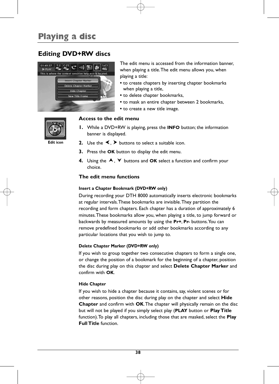 Playing a disc, Editing dvd+rw discs | Technicolor - Thomson DTH8000 User Manual | Page 38 / 59