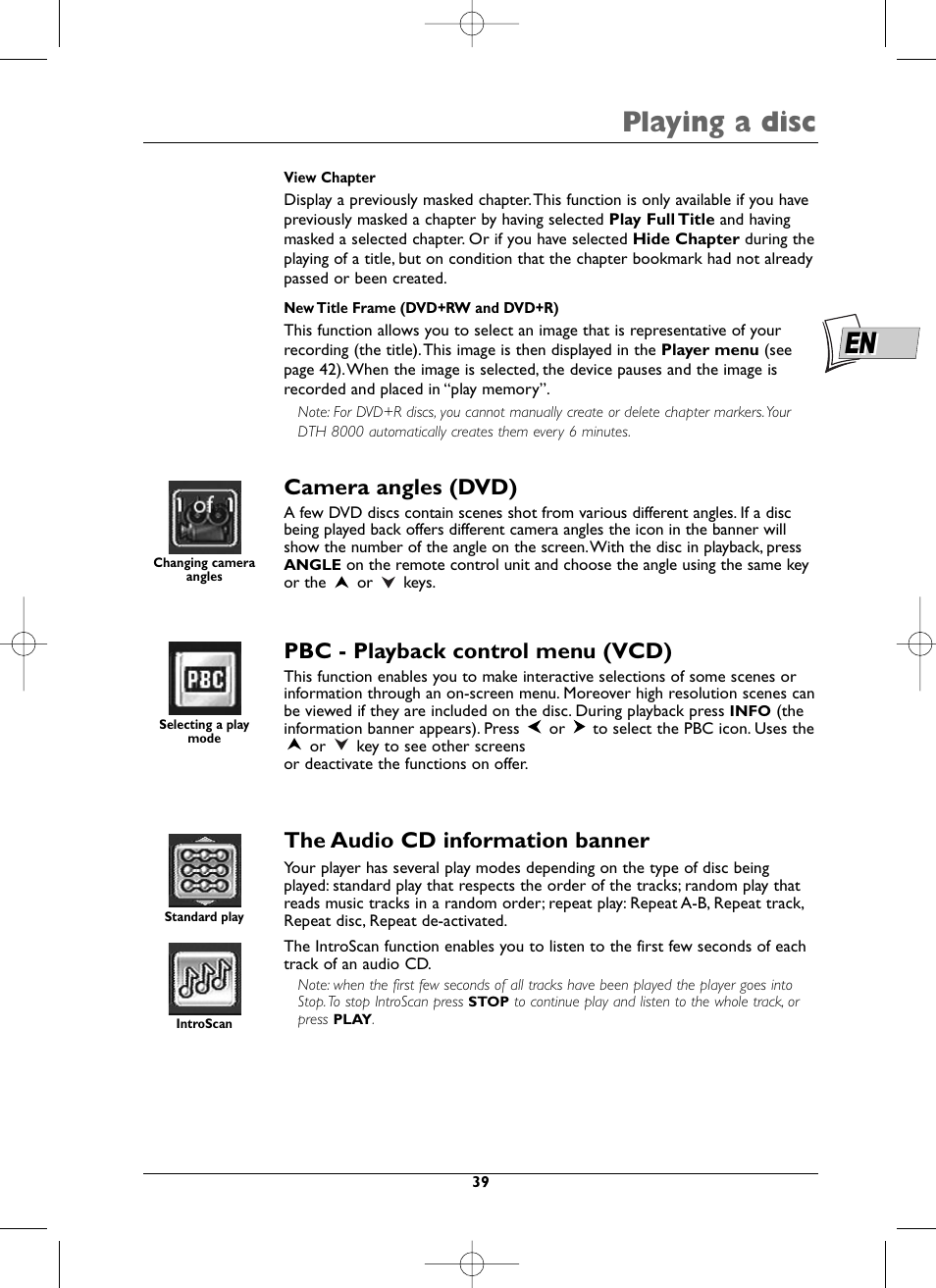 Playing a disc, Camera angles (dvd), Pbc - playback control menu (vcd) | The audio cd information banner | Technicolor - Thomson DTH8000 User Manual | Page 39 / 59