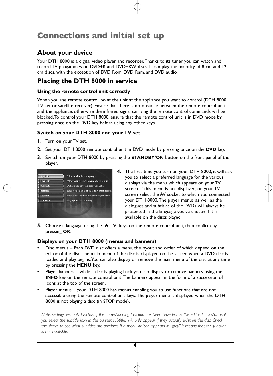 Connections and initial set up, About your device, Placing the dth 8000 in service | Technicolor - Thomson DTH8000 User Manual | Page 4 / 59
