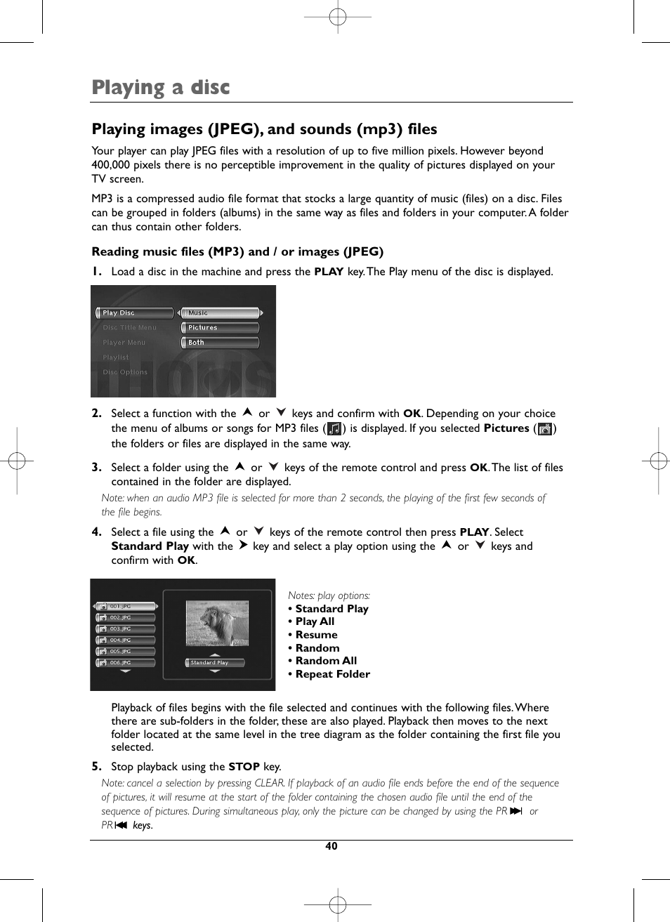 Playing a disc, Playing images (jpeg), and sounds (mp3) files | Technicolor - Thomson DTH8000 User Manual | Page 40 / 59