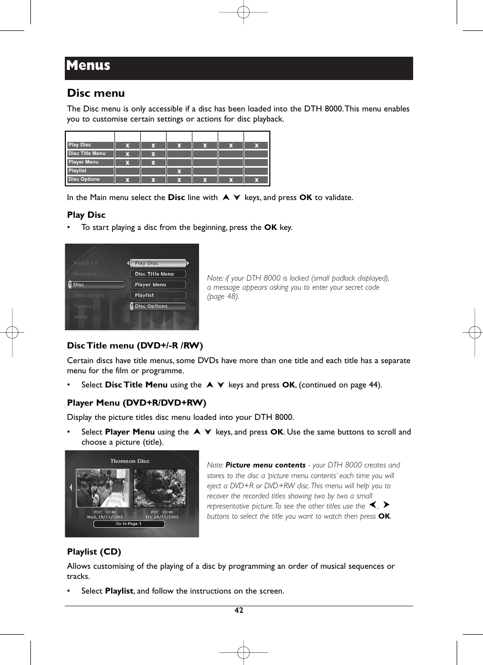 Menus, Disc menu | Technicolor - Thomson DTH8000 User Manual | Page 42 / 59