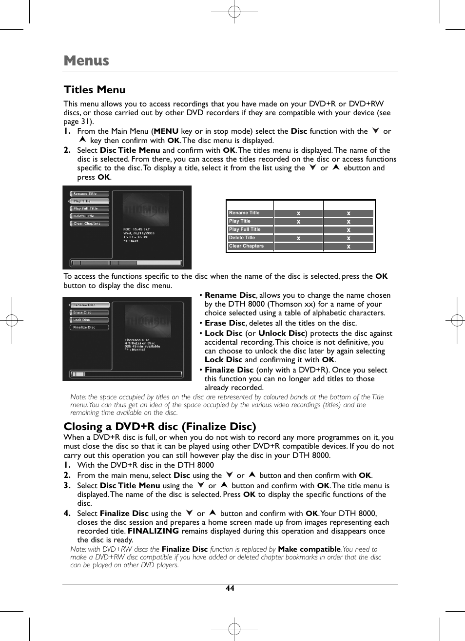 Menus, Titles menu, Closing a dvd+r disc (finalize disc) | Technicolor - Thomson DTH8000 User Manual | Page 44 / 59