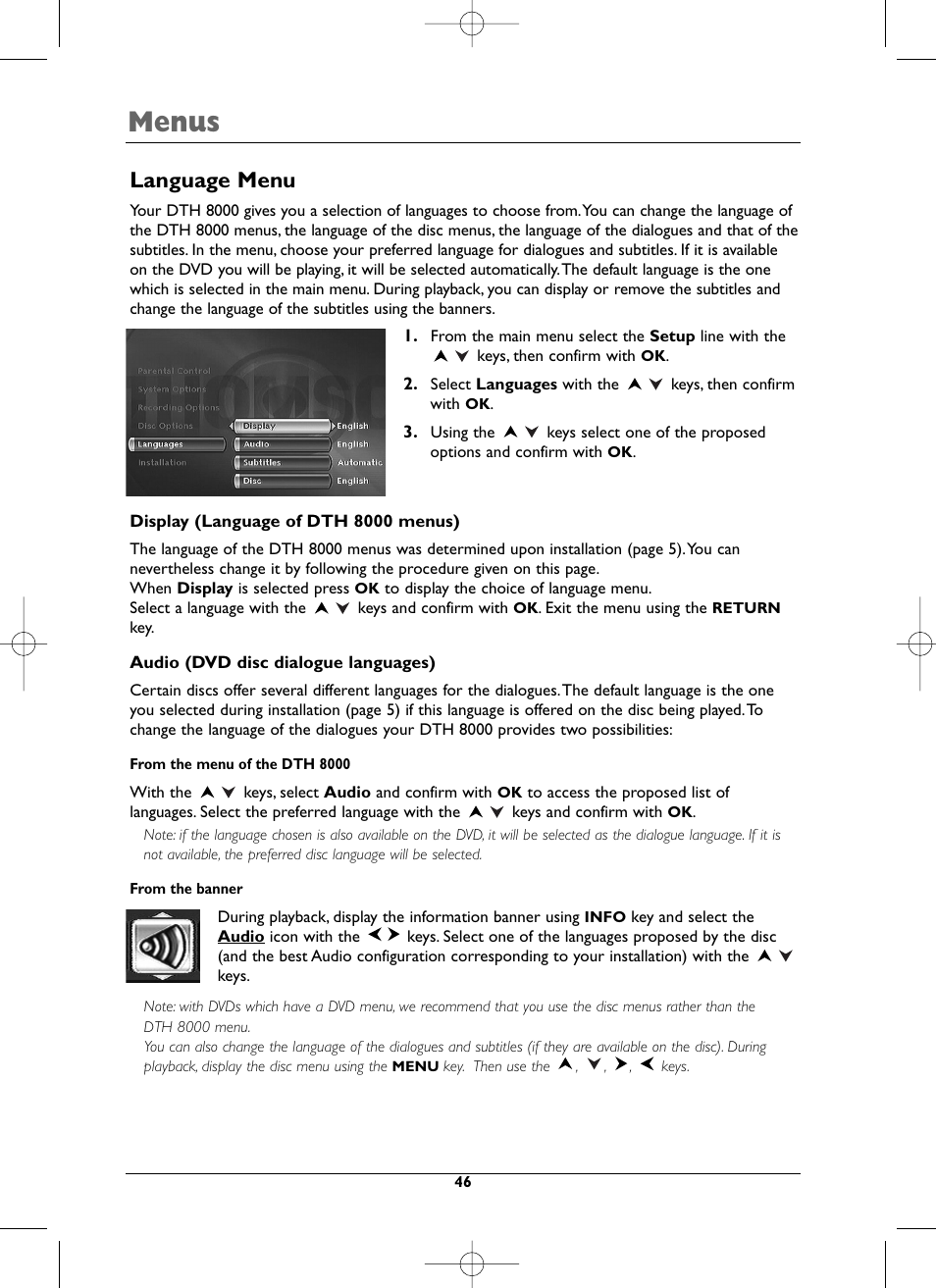 Menus, Language menu | Technicolor - Thomson DTH8000 User Manual | Page 46 / 59